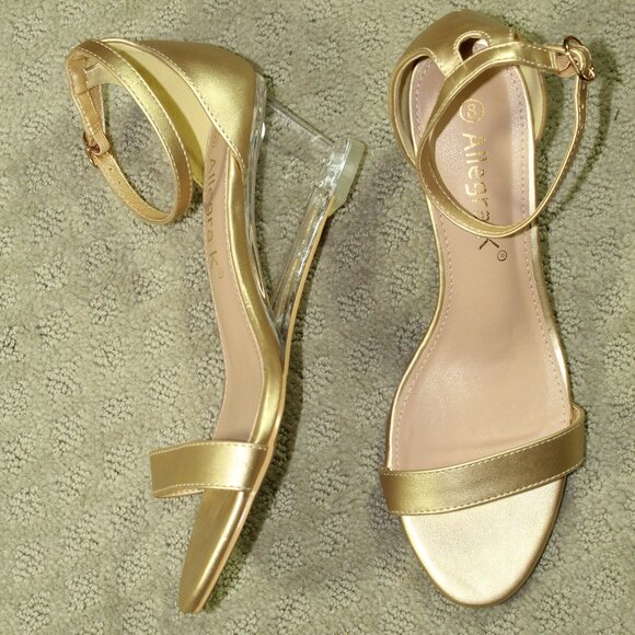 Allegra K Women's Size 8 Gold Single Foot Strap & Ankle Strap Clear Wedge Sandal - Picture 1 of 6